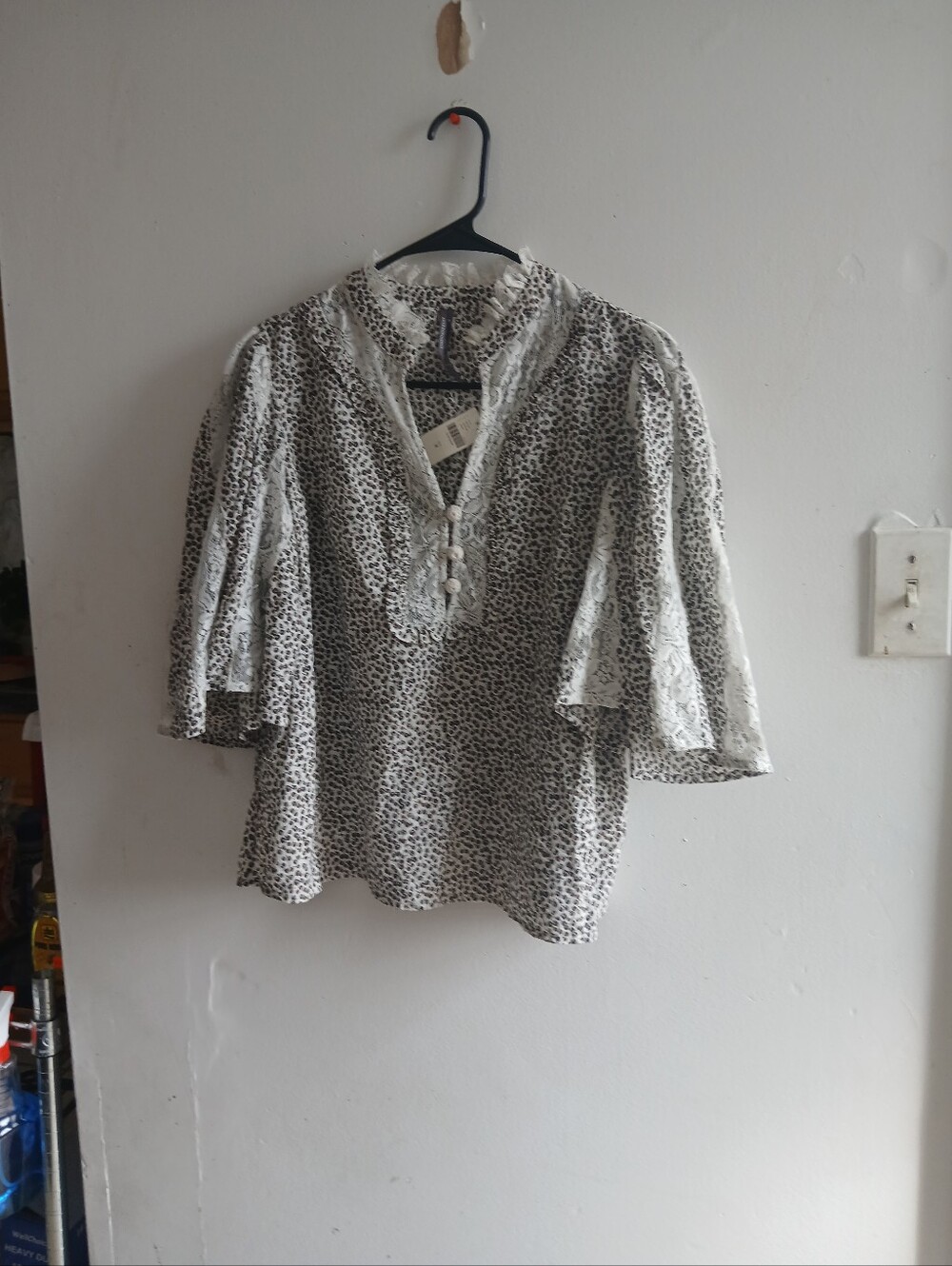 Anthropologie White and Black Lace-Trim Leopard Blouse